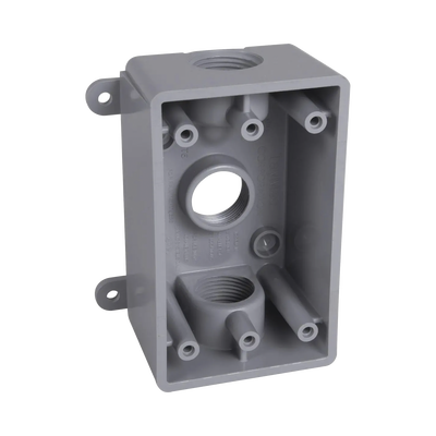 Caja Impermeable de 1 Gang / Profundidad de 2"/ Cuenta con 3 Salidas roscadas para tubería de 1/2" ó 3/4"/ Color Gris. Caja Impermeable de 1 Gang / Profundidad de 2"/ Cuenta con 3 Salidas roscadas para tubería de 1/2" ó 3/4"/ Color Gris.