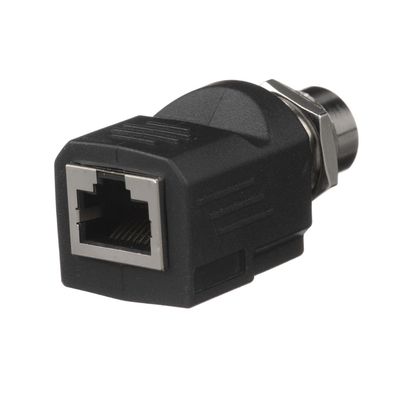 Adaptador IndustrialNet™ de M12 D-Code a Rj45, para Uso en Redes Industriales, Protección IP20 en RJ45 e IP68 en M12, Color Negro