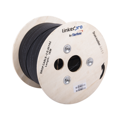 Carrete de 1 km de Fibra Óptica Drop, Interior/Exterior G.657A2 Monomodo de 2 hilos (bifibra), Diseñada para Fusionarse, Dieléctrica, Forro Negro , (No Soporta Conectores Mecánicos)