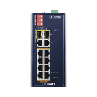 Switch Industrial PoE no administrable de 8 Puertos 10/100TX 802.3at, Hasta 240 W, Combo TP / SFP Gigabit TP / SFP (-40 ~ 75 grados C)