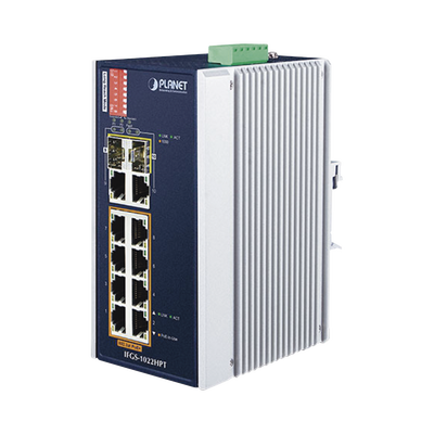 Switch Industrial PoE no administrable de 8 Puertos 10/100TX 802.3at, Hasta 240 W, Combo TP / SFP Gigabit TP / SFP (-40 ~ 75 grados C)
