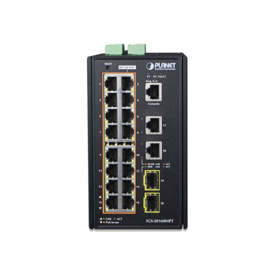 Switch Industrial Administrable 16 puertos 10/100/1000 T 802.3at PoE + 2 Puertos 10/100/1000 T + 2 puertos 100/1000 X SFP Switch Industrial Administrable 16 puertos 10/100/1000 T 802.3at PoE + 2 Puertos 10/100/1000 T + 2 puertos 100/1000 X SFP