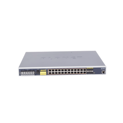 Switch PoE Industrial Capa 3, Con 24 Puertos PoE Gigabit 802.3af/at, 4 Puertos SFP Compartidos 100 / 1000X, Soporta temperaturas extremas de -40 ~ 75°C