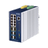 Switch Industrial Capa 3 de 8 Puertos 10/100/1000T PoE 802.3bt, 2 Puertos SFP 1 G/2.5 G, 4 Puertos SFP 10G, Instalación en Pared o Puerto DIN.
