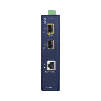 Convertidor de Medios Industrial de 1 Puerto Ethernet 10/100/1000 Base-T a 2 Puertos SFP 100/1000/2500 Base-X