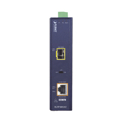 Convertidor de Medios PoE Industrial, Puerto SFP 1000BASE-SX/LX a Puerto RJ45 Gigabit con Salida PoE 802.3at (Hasta 30 W). Convertidor de Medios PoE Industrial, Puerto SFP 1000BASE-SX/LX a Puerto RJ45 Gigabit con Salida PoE 802.3at (Hasta 30 W).