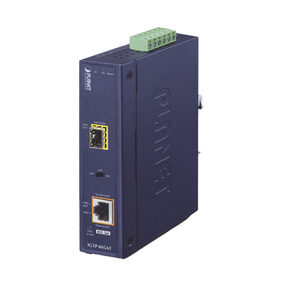 Convertidor de Medios PoE Industrial, Puerto SFP 1000BASE-SX/LX a Puerto RJ45 Gigabit con Salida PoE 802.3at (Hasta 30 W). Convertidor de Medios PoE Industrial, Puerto SFP 1000BASE-SX/LX a Puerto RJ45 Gigabit con Salida PoE 802.3at (Hasta 30 W).