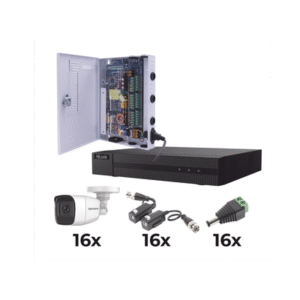 KIT TurboHD 1080p / DVR 16 Canales / 16 Cámaras Bala Policarbonato con Microfono (exterior 2.8 mm) / Transceptores / Conectores / Fuente de Poder Profesional