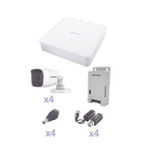 KIT TurboHD con Audio 1080p / DVR 4 Canales / 4 Cámaras Bala (exterior 2.8 mm) / Transceptores / Conectores / Fuente de Poder / AUDIO POR COAXITRON