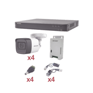 KIT TurboHD 1080p / DVR 4 Canales / 4 Cámaras Bala (exterior 2.8 mm) / Transceptores / Conectores / Fuente de Poder Profesional