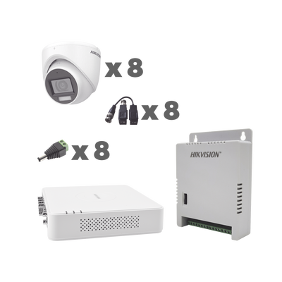 KIT TurboHD 1080p / DVR 8 Canales con audio por coaxitron / 8 Cámaras con Micrófono Integrado 106° Visión/ luz blanca + IR visión nocturna / Transceptores / Conectores / Fuente de Poder Profesional