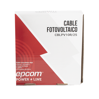 Kit de 2 rollos de 25 metros de cable fotovoltaico de cobre, rojo y negro, calibre 10 AWG (6mm²), Tipo PV, 1000/2000 V y 120°C.
