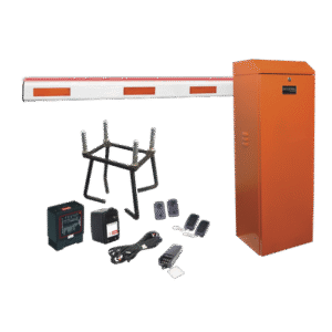 Kit COMPLETO Barrera Izquierda XB Naranja / Brazo Iluminado de 5 Metros con Iluminacion LED Rojo-Verde / Incluye Sensor de masa, Transformador, Lazo, Ancla, Fotoceldas y 2 Controles Inalámbricos