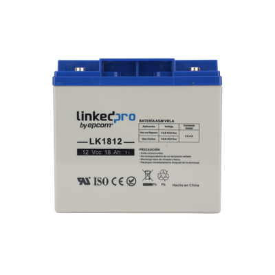 Batería 12 V / 18 Ah / UL / Tecnología AGM / Vida útil promedio de 5 años / Para uso en equipo electrónico, Alarmas de Intrusión / Incendio/ Control de acceso / Video Vigilancia / Terminales T1