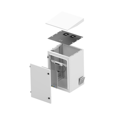 Gabinete de Exterior con Rack de 19" de 16U con Ventiladores y Termostato, Se envía el Gabinete Armado. (Montaje a poste o torre se vende por separado).