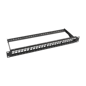Patch panel modular sin blindaje de 24 puertos, 1U, con barra para organizar cable Patch panel modular sin blindaje de 24 puertos, 1U, con barra para organizar cable