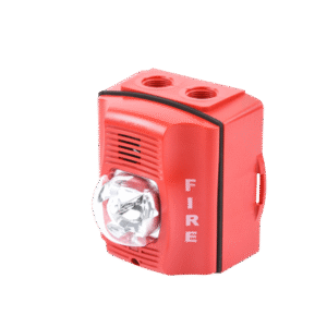 Sirena con Lámpara Estroboscópica / para Exterior / a 2 Hilos / Montaje en Pared / 12 o 24 Vcd / Configuración Estroboscópica Seleccionable / Texto en Inglés / Incluye Caja de Montaje / Color Rojo