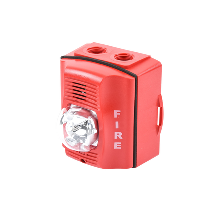 Sirena con Lámpara Estroboscópica / para Exterior / a 2 Hilos / Montaje en Pared / 12 o 24 Vcd / Configuración Estroboscópica Seleccionable / Texto en Inglés / Incluye Caja de Montaje / Color Rojo