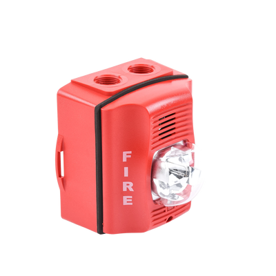 Sirena con Lámpara Estroboscópica / para Exterior / a 2 Hilos / Montaje en Pared / 12 o 24 Vcd / Configuración Estroboscópica Seleccionable / Texto en Inglés / Incluye Caja de Montaje / Color Rojo