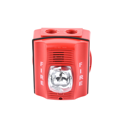 Sirena con Lámpara Estroboscópica / para Exterior / a 2 Hilos / Montaje en Pared / 12 o 24 Vcd / Configuración Estroboscópica Seleccionable / Texto en Inglés / Incluye Caja de Montaje / Color Rojo