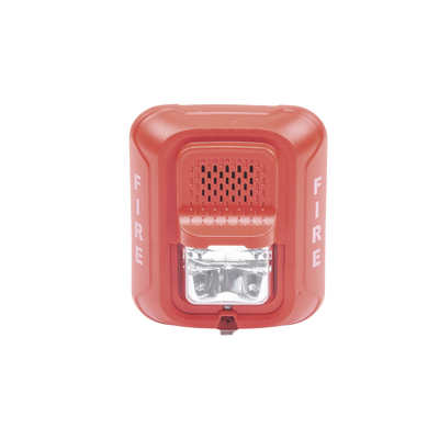 Sirena con Lámpara Estroboscópica / a 2 Hilos / Montaje en Pared / 12 o 24 Vcd / Configuración Estroboscópica Seleccionable / Texto en Inglés / Color Rojo