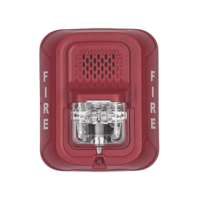 Sirena con Lámpara Estroboscópica / 4 Hilos / Montaje en Pared / 12 o 24 Vcd / Configuración Estroboscópica Seleccionable / Texto en Inglés / Color Rojo