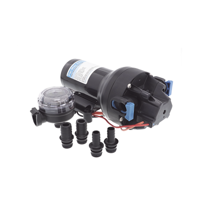 Bomba controlada por presión Par Max para trabajo pesado a 12 Vcd, caudal de 5 GPM, presión máxima 40 psi, para manguera de entrada con orificio de 38 mm (1½”), manguera de descarga con orificio de 25 mm (1”)