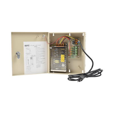 Fuente de poder profesional para CCTV de 12 Vcc @ 5A, para 4 cámaras ; Voltaje de entrada de 100-240 Vca