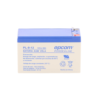 Batería 12 Vcc / 9 Ah / UL / Tecnología AGM-VRLA / Para uso en equipo electrónico Alarmas de intrusión / Incendio/ Control de acceso / Video Vigilancia / Terminales F1 / Cargador recomendado CHR-80.