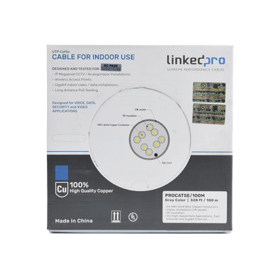 Cable Cat5e de alto rendimiento, con certificaciones ETL, UL, color gris, de 100 m ( 328 ft ) para aplicaciones en CCTV, redes de datos. Uso interior.