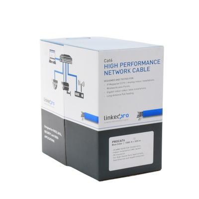 Bobina de Cable de 305 m (1000 ft) Cat6 aleación de Cobre y Aluminio ( CCA ), color Azul Versión Económica. Uso en interior.