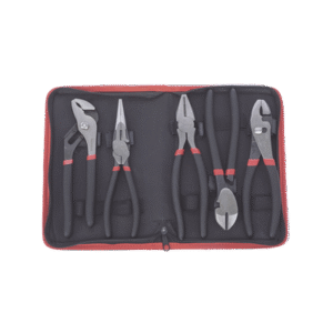 Juego de 5 Pinzas de 8" con Estuche. Incluye: P. Mecánica, P. para Tubo, P. Eléctrica, P. Corte, Nariz Larga.