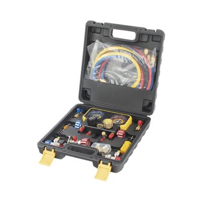 Manómetro de 4 vías con Accesorios para Gas refrigerante R410A/ R32/ R134A/R22 Manómetro de 4 vías con Accesorios para Gas refrigerante R410A/ R32/ R134A/R22