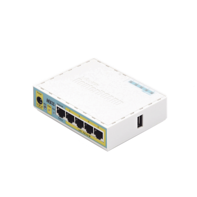 (hEX PoE LITE) RouterBoard, 5 Puertos Fast Ethernet, 4 con PoE Pasivo, 1 Puerto USB