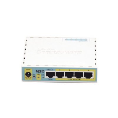 (hEX PoE LITE) RouterBoard, 5 Puertos Fast Ethernet, 4 con PoE Pasivo, 1 Puerto USB