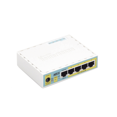 (hEX PoE LITE) RouterBoard, 5 Puertos Fast Ethernet, 4 con PoE Pasivo, 1 Puerto USB