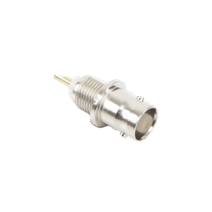 Conector BNC Hembra de Montaje Frontal D-Plano, Soldable, Rondana de Seguridad, Níquel/ Oro/ Delrin.
