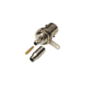 Conector BNC Hembra a 50 Ohm, Montaje Frontal en D-Plano, Anillo Plegable para Cables RG-174/U y RG-316/U, Niquel/ Oro/ Teflón.