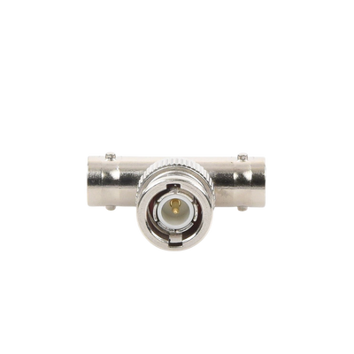 Adaptador en T para 50 Ohm de BNC Macho a Doble BNC Hembra, Troquelado, Níquel/ Oro/ Delrin. Adaptador en T para 50 Ohm de BNC Macho a Doble BNC Hembra, Troquelado, Níquel/ Oro/ Delrin.