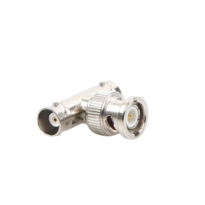 Adaptador en T para 50 Ohm de BNC Macho a Doble BNC Hembra, Troquelado, Níquel/ Oro/ Delrin. Adaptador en T para 50 Ohm de BNC Macho a Doble BNC Hembra, Troquelado, Níquel/ Oro/ Delrin.