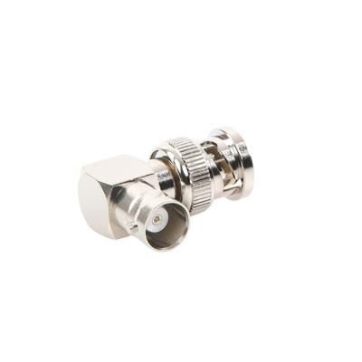 Adaptador en Ángulo Recto, de Conector BNC Macho a BNC Hembra, 50 Ohm (Monitor), Níquel/ Plata/ Teflón.
