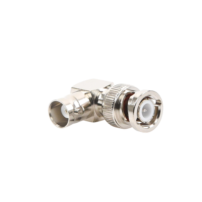 Adaptador en Ángulo Recto, de Conector BNC Macho a BNC Hembra, 50 Ohm (Monitor), Níquel/ Plata/ Teflón.