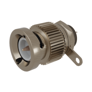 Conector BNC Macho, Montaje Frontal en D-Plano, Contacto Soldable, Níquel/ Oro/ Teflón.