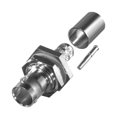 Conector BNC Hembra para Chasis en D-Plano con Aro de Goma, Anillo Plegable para RG-6/U y Grupo Q, 75 Ohm, Níquel/ Oro/ Teflón.