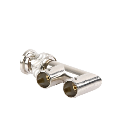 Adaptador Triple en F para 75 Ohm, de Conector BNC Macho a Doble BNC Hembra, Níquel/ Oro/ Delrin.