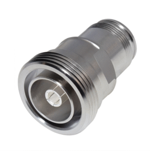 Adaptador en Línea de Conector DIN 7-16 Hembra a 4.3-10 Hembra, Bronce Blanco/ Plata/ Teflón. Adaptador en Línea de Conector DIN 7-16 Hembra a 4.3-10 Hembra, Bronce Blanco/ Plata/ Teflón.