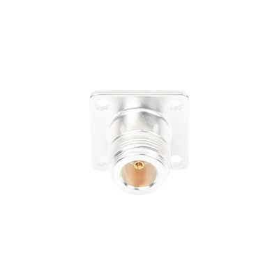 Conector N Hembra para Montaje Frontal en Panel con 4 Perforaciones a 18 mm, Plata/ Oro/ Teflón.