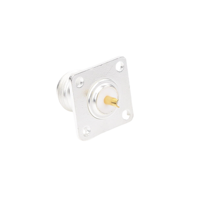 Conector N Hembra para Montaje Frontal en Panel con 4 Perforaciones a 18 mm, Plata/ Oro/ Teflón.