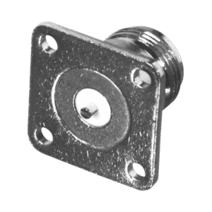 Conector N Hembra de Montaje en Panel Frontal de 4 Perforaciones a 18 mm. con Contacto Ranurado, Bronce Blanco/ Oro/ Teflón.