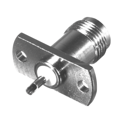 Conector TNC Hembra para Chasis de 2 Perforaciones de 18 mm, Terminal Soldable, Níquel/ Oro/ Teflón.